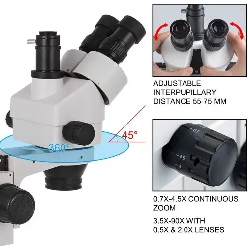 VEVOR 3.5X-90X Simul Focal digital Zoom Stereo Microscope Al-Zn-Legierung 360 Grad Drehbar Trinokulares Stereomikroskop Labor MikroskopKameraverbindung unterstützen justierbar Säulenständer Zubehör – Bild 2