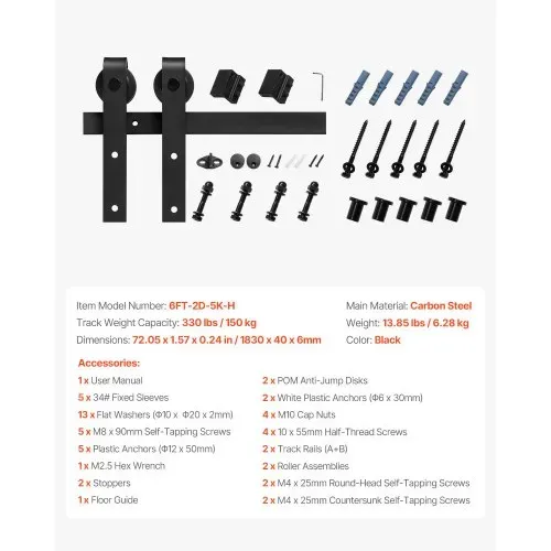 VEVOR Schiebetürsystem 183 cm Laufschiene, Schiebetürbeschlag Tragkraft 150 kg, kompatibel mit 914 mm max. Breite und 34,92 bis 44,45 mm Dicke, Schiene & J-förmige Rolle, schwarz – Bild 6