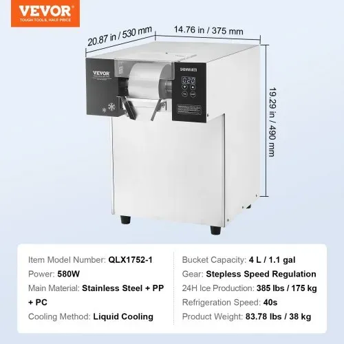 VEVOR Kommerzielle Schneeflocken-Eismaschine Schneeeisbereiter, 175 kg / 24 Std. Schneeflocken-Eismaschine, Eisrasierer elektrischer Schneekegel-Maker mit Flüssigkeitskühlsystem & Touch-Screen – Bild 6
