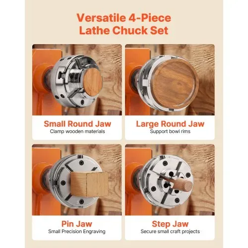 VEVOR 4 Zoll Drechselfutter Zentrierfutter (4 Backen) mit 1 Zoll x 8TPI Gewinde & Adapter, 5-tlg. Spannbacken Set (Stufen/Rund/Stift), Vernickelte Oberfläche mit Tragekoffer für Holzdrehbänke VEVOR 4 Zoll Drechselfutter Zentrierfutter (4 Backen) mit 1 Zoll x 8TPI Gewinde & Adapter, 5-tlg. Spannbacken Set (Stufen/Rund/Stift), Vernickelte Oberfläche mit Tragekoffer für Holzdrehbänke