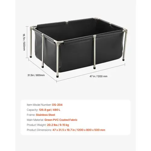 VEVOR Fischteich aus Segeltuch, 480 L Fischtank, faltbares PVC-Koi-Aquarium, Fischbecken mit stabilem Rahmen & Ablassventil, für Aquakultur, Koi-Zucht & Bewässerung 1200x800x500 mm – Bild 6