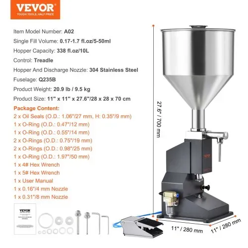 VEVOR 5–50ml Abfüllmaschine Manuell Flüssigkeitsabfüllmaschine aus lebensmittelechtem Edelstahl 304 Silikon PTFE kompatibel mit 500-W-Luftkompressor Filling Machine Zum Abfüllen von Honig Öl Essenz – Bild 6