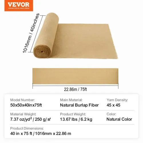 VEVOR Jute Stoff, Sackleinen-Stoffrolle, 50x50 hochdichte breite natürliche Sackleinen-Stoffrollen, 1016mmx22,86m, für Dekoration, Handwerk, Hochzeit, Gartenarbeit, Pflanzen- & Baumwinterabdeckung – Bild 6