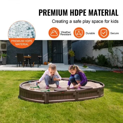 VEVOR Sandkasten mit Abdeckung, 183 x 105 x 23 cm, ovaler Sandkasten, HDPE-Sandgrube mit 4 Ecksitzen und Bodenauskleidung, Kindersandkasten für Garten, Strand, Park, Geschenk für Jungen und Mädchen im Alter von 3–12 Jahren, braun – Bild 5