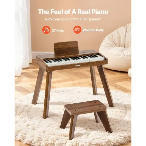 VEVOR Kinder Keyboard, 37 Tasten, Digitalpiano aus Holz für Kinder ab 3 Jahren, Mini-Musikinstrument-Spielzeugset mit Hocker, Realistischem Klang, Dual-Power, Einstellbarer Lautstärke, Walnuss VEVOR Kinder Keyboard, 37 Tasten, Digitalpiano aus Holz für Kinder ab 3 Jahren, Mini-Musikinstrument-Spielzeugset mit Hocker, Realistischem Klang, Dual-Power, Einstellbarer Lautstärke, Walnuss