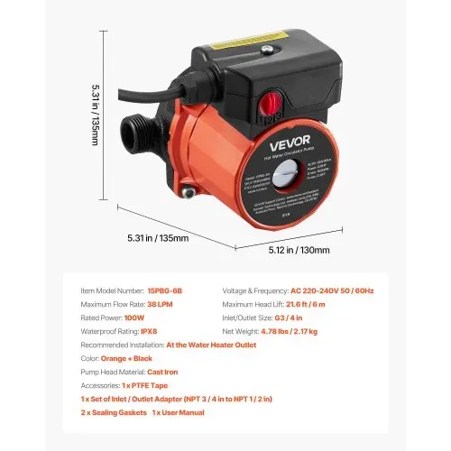 VEVOR Umwälzpumpe, 38 LPM, Umwälzpumpensystem mit sofortiger Zirkulation, 3-Gang-Steuerung, 100 W, AC 220–240 V, G3/4 Zoll auf G1/2 Zoll Adapter, Gusseisenkopf, für Warmwasserbereitersystem – Bild 6