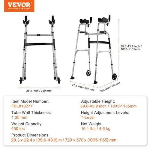 VEVOR 2-in-1-Gehhilfe, zusammenklappbar, mit abnehmbaren Armlehnen, höhenverstellbar, zusammenklappbar, mit 5-Zoll-Vollrädern, leichtes Aluminium | Mobilitätshilfe mit Vorderrädern für ältere und behinderte Menschen, 204 kg – Bild 6