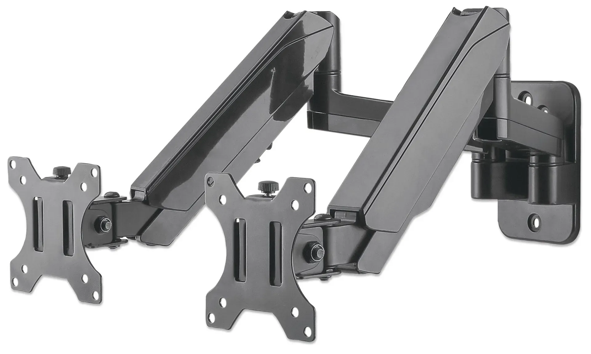 Manhattan Universal-Wandhalterung mit Gasdruckfeder für zwei Monitore, Zwei Halterungsarme mit Gasdruckfeder, Kugelgelenk und Verlängerungsarm, geeignet für zwei Monitore von 17″ bis 32″* und bis zu 8 kg pro Arm Manhattan Universal-Wandhalterung mit Gasdruckfeder für zwei Monitore, Zwei Halterungsarme mit Gasdruckfeder, Kugelgelenk und Verlängerungsarm, geeignet für zwei Monitore von 17″ bis 32″* und bis zu 8 kg pro Arm
