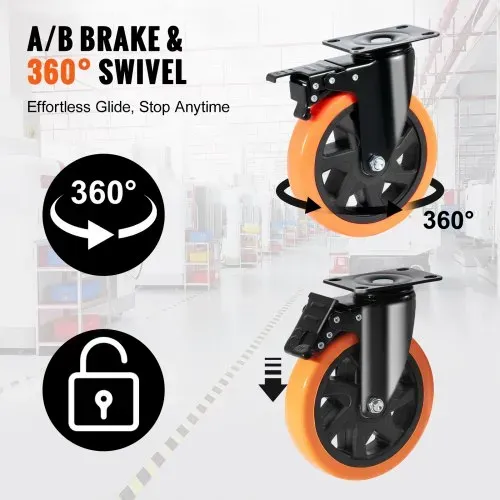 VEVOR Möbelrollen 4er-Set Lenkrollen PVC φ152,4mm Laufrollen 1.270kg Tragfähigkeit Transportrollen mit A/B-Bremsen Kastenrollen 360° Drehbar Schwerlastrollen für Häusern Büros Studios Fabriken – Bild 2