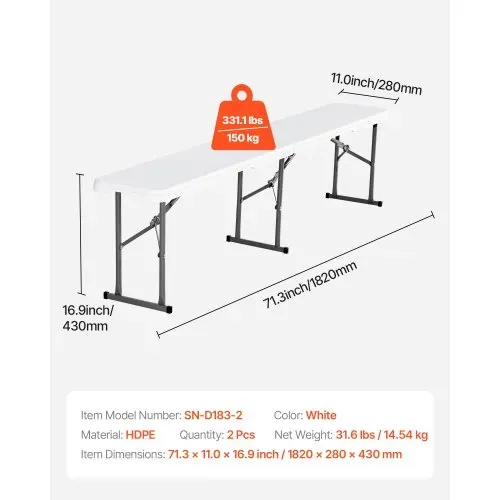 VEVOR Klappbank aus Kunststoff, 1,83 m tragbare Klappbank, glatte wasserdichte HDPE-Außenbank, Picknick-Camping-Esssitz mit Tragegriff, für unterhaltsame Aktivitäten wie Fußball im Garten, weiß (2er-Pack) – Bild 6
