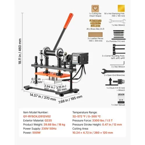 VEVOR Beheizte Lederschneidemaschine 260x120 mm Lederdruckmaschine 1,5 t, zum Lederprägen & Stanzen 12 mm Hub Zwei Führungswellen Digitales Bedienfeld 26 Kupferbuchstabenstempel 50 Heißprägefolien – Bild 6