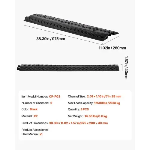 VEVOR 975 mm Kabelbrücke, 7938 kg/Achstragkraft, Hochleistungs-Überfahrschutz aus PP, Stolperschutz, Bodenabdeckungen, für Bereiche mit hoher Schwelle, Zuhause, Büro, Lager, 3er-Pack – Bild 6