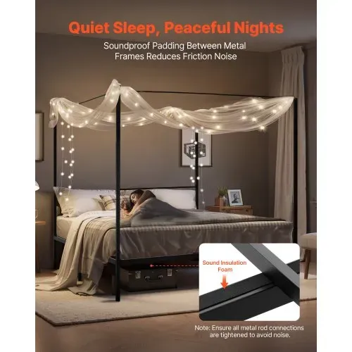 VEVOR Himmelbettrahmen (Kingsize), Metallhimmelbett (363 kg belastbar) mit Himmelbett-Design, robuste Stahllattenstütze, Stauraum unter dem Bett, kein Boxspring erforderlich, Netzrahmen Schwarz – Bild 3