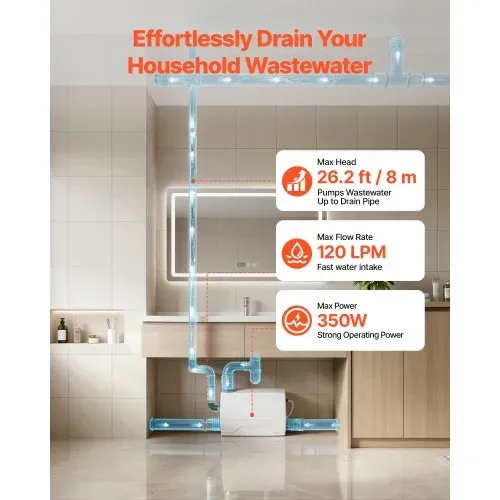 VEVOR Hebeanlage 800 W 7200 L/h Abwasserhebeanlage mit 8 m Förderhöhe Weiß, Abwasserpumpe mit 3 Einlässen zur Abwasserentsorgung in Keller Küche Spüle Dusche Badewanne und Waschküche – Bild 3