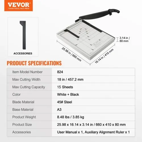 VEVOR Papierschneider Hebelschneider, 457,2 mm Max. Schnittbreite Manuelle Papierschneidemaschine, 15 Blätter Kapazität, mit Schutzschiene / Klingenarretierung für Karton / Pappe, Papierschneider – Bild 6