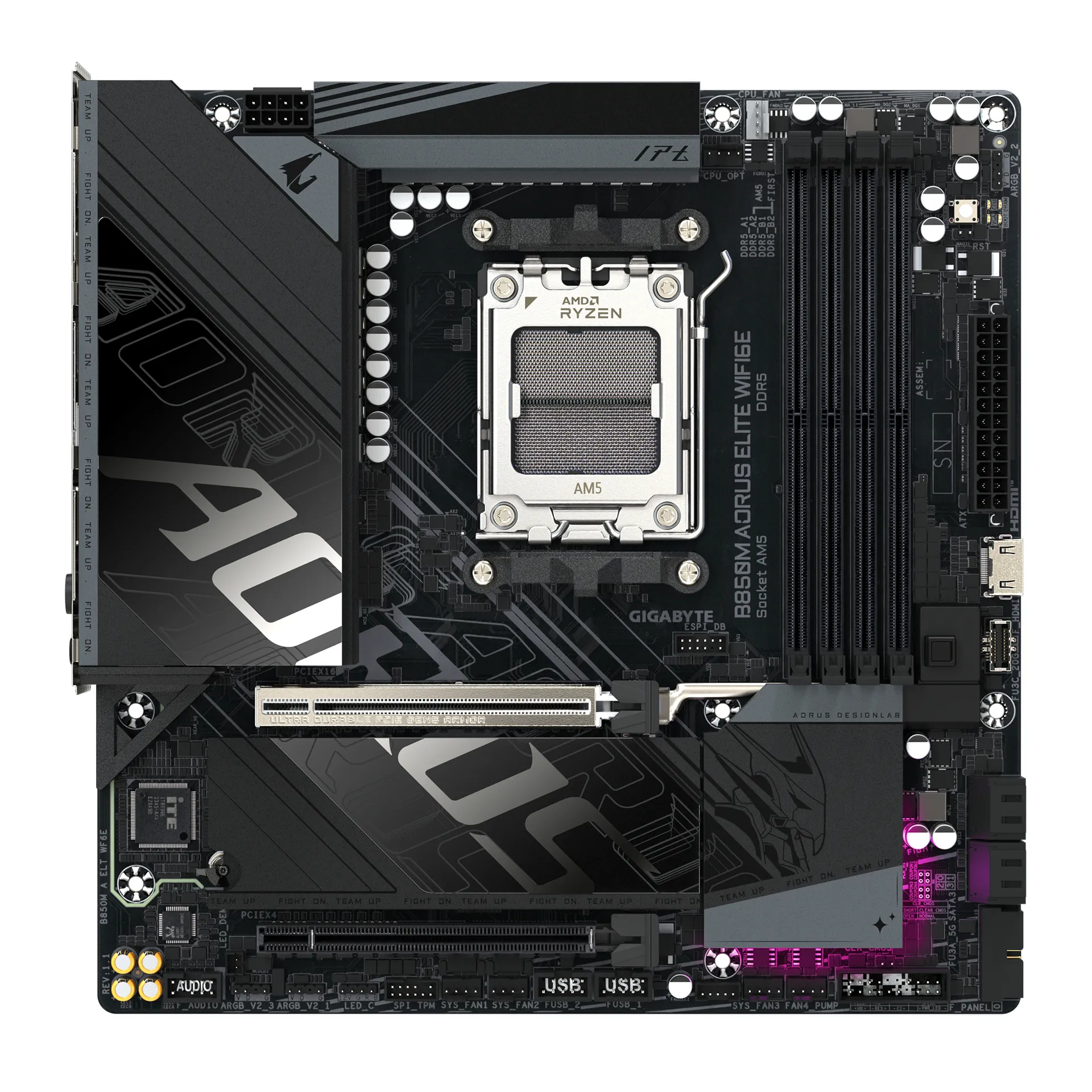 GIGABYTE B850M AORUS ELITE WIFI6E Mainboard – AMD Ryzen 9000 Serie Prozessoren, digitales 12+2+2 Phasen VRM, bis zu 8200 MHz DDR5 (O.C.), 1x PCIe 5.0 + 1x PCIe 4.0 M.2, Wi-Fi 6E, 2.5 GbE LAN, USB 3.2 Gen 2 – Bild 2