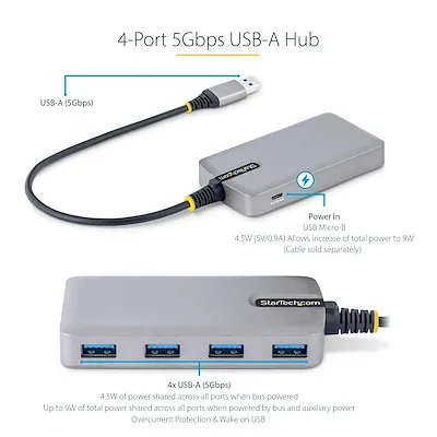StarTech.com 4-Port USB 3.0 Hub - USB Hub 3.0 5 Gbit/s, Busbetrieben, USB-A Hub auf 4 USB-A mit Optionalem Stromanschluss - Desktop/Laptop USB Verteiler/USB Splitter, 30cm Kabel – Bild 7