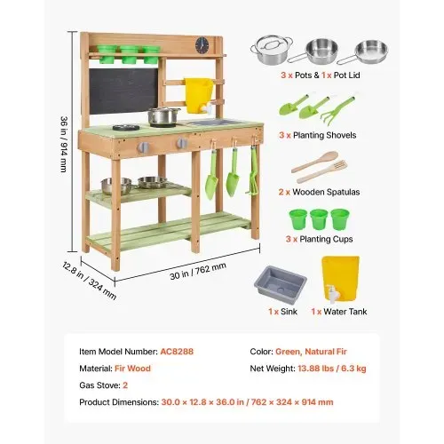 VEVOR Spielküche, Kinderküche, Spielzeugküche mit Herd, Wassertank, Spüle, Pflanzschaufeln, Spachtel, Kiste, Kochgeschirr & Zubehör, Outdoor-Holzküche für Kinder ab 3 Jahren, 762x324x914 mm – Bild 6