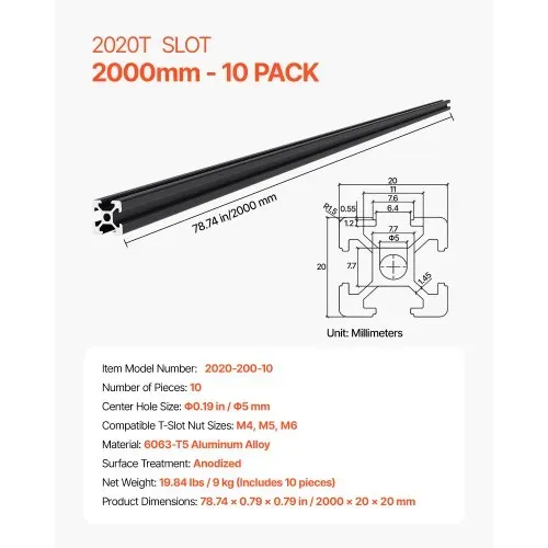 VEVOR 10er Set Aluprofil 2000 mm T-Nut 2020 Aluminium Profil, eloxierte Linearschiene nach europäischem Standard, Nutenprofil für 3D-Drucker, CNC-Maschine DIY, Lasergravur, Schwarz – Bild 6