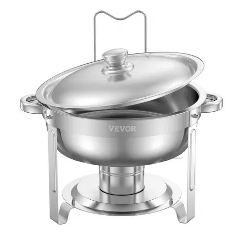 VEVOR Chafing Dish Buffet Speisenwärmer mit 4 Behältern in voller Größe (4,7 L pro), runder Catering-Wärmespender mit Deckel & Wasserpfanne & klappbarer Ständer, für Hochzeiten Partys Silber – Bild 8