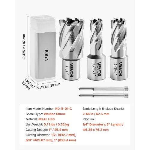 VEVOR HSS-Kernbohrer Weldon-Schaft 5-tlg. 12,7/15,87/25,4mm Schnittdurchmesser, 3 Bohrer mit 2 Zentrierstiften, 25,4 mm Schnitttiefe, 3 Kunststoffboxen, Ideal für Magnetbohrmaschinen Stahl Aluminium – Bild 6