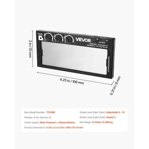 VEVOR Schweißlinse 108 x 51 mm, Echtfarbe, 5-13 einstellbare Tönung, Schutzbrille mit doppelten Lichtbogensensoren, kompatibel mit den meisten Schweißhelmen für WIG-, MIG-, MMA-Anwendungen – Bild 6