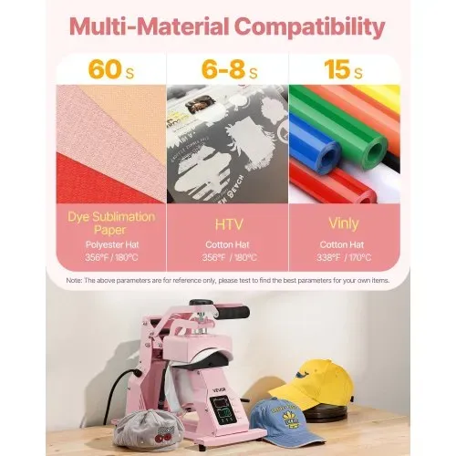VEVOR Hutpresse mit 2 austauschbaren Platten (160 x 65 mm / 160 x 80 mm), Hut-Hitzepresse mit präziser Temperatur- und Zeitregelung, Mützenpresse Heat Press für Stirnbänder Gesichtsmasken Rosa – Bild 3