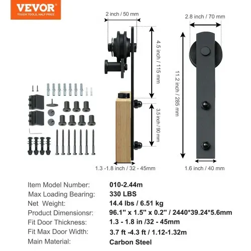 VEVOR 244cm Schiebetürbeschlag I-förmig Schiebetürsystem mit 2-teiligen Schienen 150kg Tragfähigkeit Laufschiene Ideal für Schiebetüren mit Türstärke von 32-45mm, Türbreite von 1,12-1,32m – Bild 6