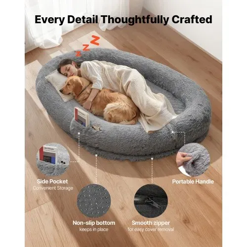 VEVOR Hundebett für Menschen & Hunde, 174x118x24 cm, Memory-Schaum-Hundebett in Menschengröße, mit Seitentasche, Griff & Reißverschluss, abnehmbarer, maschinenwaschbarer Bezug, Hochflor Dunkelgrau – Bild 3