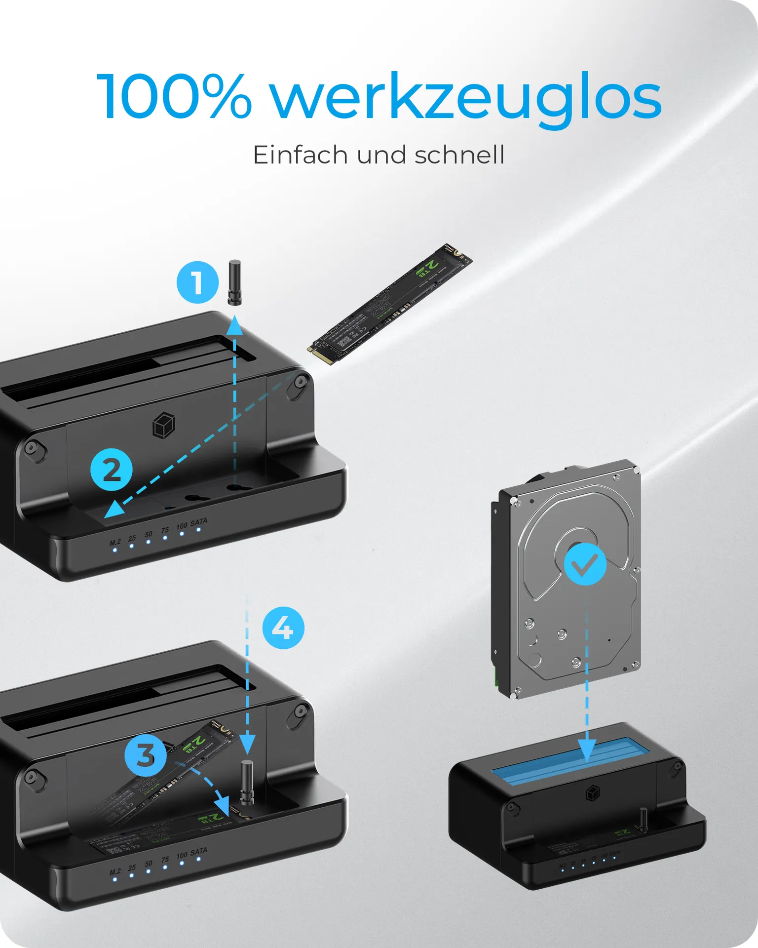 ICY BOX IB-2914MSCL-C31, Docking & CloneStation für M.2 NVMe SSD & 2.5”/3.5” SATA SSD/HDD, Zweiwege klonen, USB 3.2 Gen 2 Type-C®/Type-A, schwarz – Bild 4