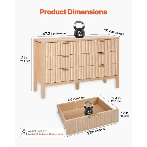 VEVOR Kommode mit 6 geriffelten Schubladen & Schiebe- und Kippschutz, minimalistischer moderner Schubladenschrank Organizer für Wohnzimmer Schlafzimmer Eingangsbereich Flur (helles Holz) – Bild 2