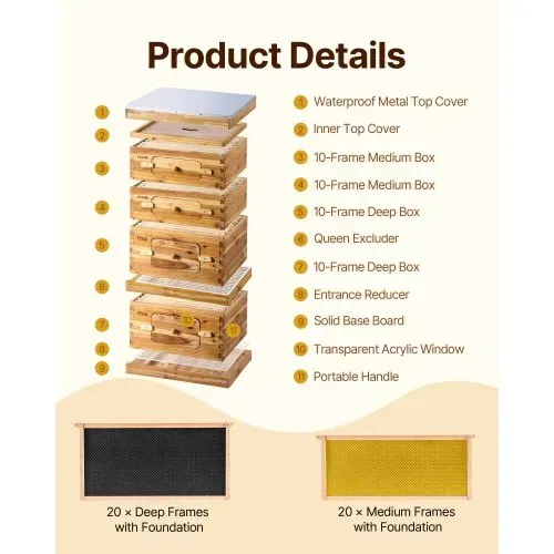 VEVOR Bienenstock, 40 Rahmen, Zander Beute, mit Bienenwachs beschichtetes Tannenholz, 2 tiefe + 2 mittelgroße Bienenkästen, Langstroth-Bienenstock-Set, transparente Acrylfenster mit Fundamenten VEVOR Bienenstock, 40 Rahmen, Zander Beute, mit Bienenwachs beschichtetes Tannenholz, 2 tiefe + 2 mittelgroße Bienenkästen, Langstroth-Bienenstock-Set, transparente Acrylfenster mit Fundamenten