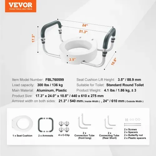 VEVOR Toilettensitzerhöhung, 88,9 mm Hoch, Tragkraft 136 kg, für Runde Standardtoiletten, Aluminium-Handlauf, mit EVA-Armlehnenpolster, für Senioren, Behinderte, Patienten, Schwangere, Mediziner – Bild 6
