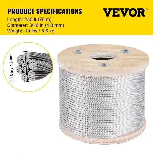 VEVOR 304 Edelstahlkabel 3/16 Zoll 7 x 19 Stahldrahtseil 250 Fuß Stahlkabel für Geländer, Terrassendielen, DIY-Balustraden – Bild 6