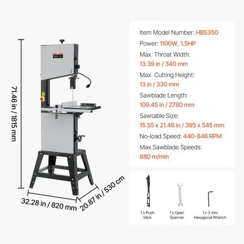 VEVOR Bandsäge, 340 mm, Tischsäge mit Ständer, 440–846 U/min stufenlos machbare Geschwindigkeit, 1100 W 1-1/2 PS, 220 V, für die Holzbearbeitung von Aluminium, Holz, Metall & Kupfer – Bild 6