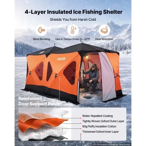 VEVOR Eisangelzelt Eisfischerzelt für 8-10 Personen 4,11×2,3×2,3 m Isoliert, fürs Winterangeln, 10,7 m² Fläche, 600D 4-Lagiges Gewebe, Tragbares Eisschutzzelt im Hub-Stil mit Ankern, Seilen, Tragetasche VEVOR Eisangelzelt Eisfischerzelt für 8-10 Personen 4,11×2,3×2,3 m Isoliert, fürs Winterangeln, 10,7 m² Fläche, 600D 4-Lagiges Gewebe, Tragbares Eisschutzzelt im Hub-Stil mit Ankern, Seilen, Tragetasche