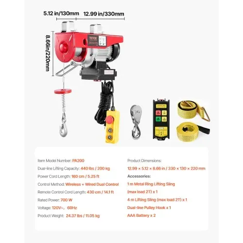 VEVOR Elektrische Seilwinde, 200 kg, Motorwinde mit 100 m kabelloser und 4,2 m kabelgebundener Fernbedienung, 12 m Hubhöhe mit Einzelkabel, Einzel-/Doppelschlingen, Hebezeug für Garage, Lager, Fabrik – Bild 6