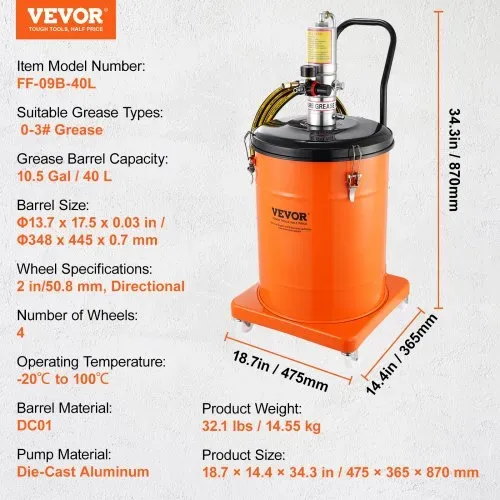 VEVOR Fettpumpe 40L Luftbetriebene Fettpumpe 0,6–0,8 MPa Aluminiumdruckguss-Pumpe -20-100℃ Betriebstemperatur, Pneumatische Fettpumpe NPT-Anschluss Schmierfettpumpe Geeignet für 0-3# Fett – Bild 6