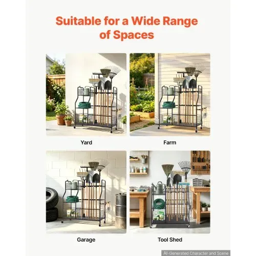 VEVOR Gartengeräte Ständer 1050x435x1005mm Gerätehalter mit Rollen Schwarz, Aufbewahrungsregal für Garage Schuppen Garten, Stahl-Organizer für Besen, mit 3 Ablagefächern Haken & Doppelschichtschlitzen – Bild 5