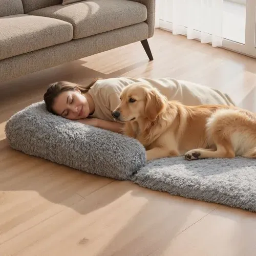 VEVOR Hundebett für Menschen & Hunde, 181x111x24cm, Memory-Schaum-Hundebett in Menschengröße, mit Seitentasche, Griff & Reißverschluss, abnehmbarer, maschinenwaschbarer Bezug, Hochflor, Dunkelgrau – Bild 7