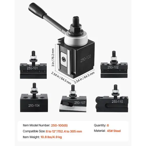 VEVOR Schnellwechsel-Werkzeughalter-Set, 6-teilig, Werkzeughalter, passend für Mini-Drehmaschinen und Metalldrehmaschinen mit 152,4-305mm Umlaufdurchmesser, langlebiges Stahlmaterial – Bild 6