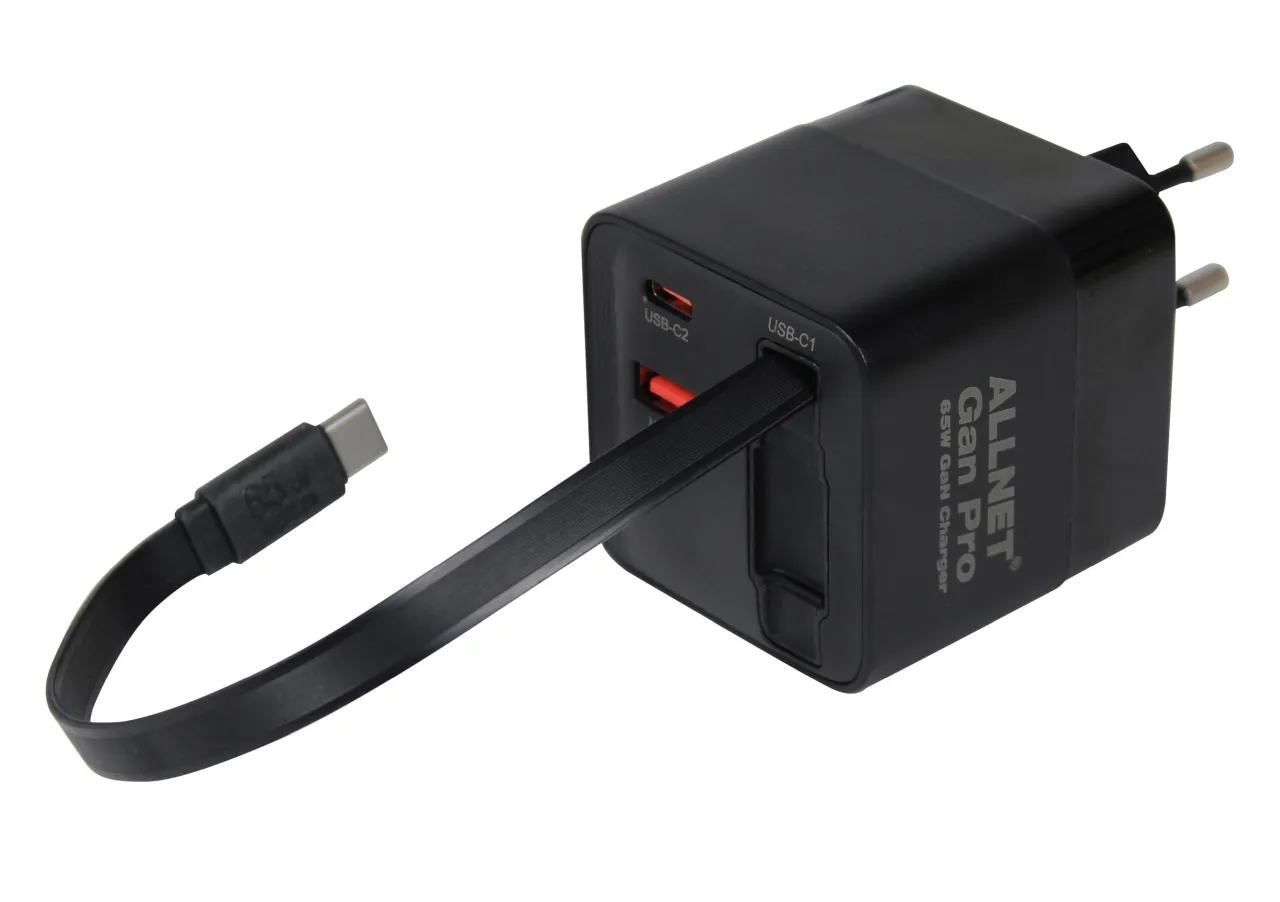 ALLNET Ersatznetzteil QC USB-C PD GaN Netzteil Power Supply 65 Watt 1x USB Typ-A QC, 1x USB Typ-C/ 1x USB Typ-C ausziehbar **EU PLUG** schwarz – Bild 4