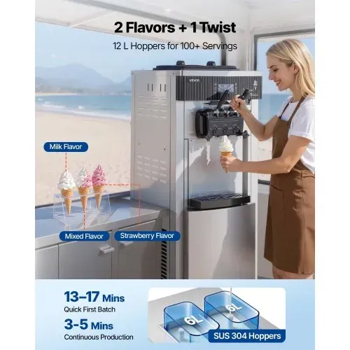 VEVOR Kommerzielle Softeismaschine 2200 W, Freistehende Eismaschine mit 20-28 L/h Produktion, mit 3 Geschmacksrichtungen & 2 Behältern (6 L), Vorkühlung & Selbstreinigung für Snack- und Dessertläden – Bild 4