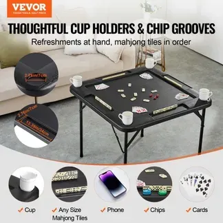 VEVOR Mahjong-Tisch, Zusammenklappbarer Kartentisch für 4 Spieler mit 4 Getränkehaltern & 4 Chip-Fächern, Tragbarer Domino-Spieltisch mit 1 Satz Dominosteine für Mahjong Poke Puzzles VEVOR Mahjong-Tisch, Zusammenklappbarer Kartentisch für 4 Spieler mit 4 Getränkehaltern & 4 Chip-Fächern, Tragbarer Domino-Spieltisch mit 1 Satz Dominosteine für Mahjong Poke Puzzles