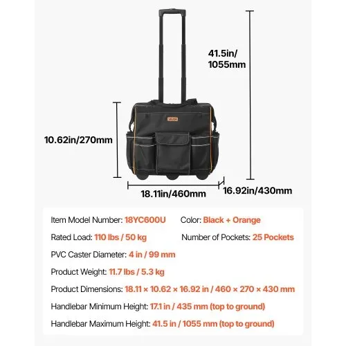 VEVOR Werkzeugtasche mit Rollen, Tragkraft 50 kg, 25 Taschen, Arbeitsrucksack mit verstellbarem Teleskopgriff & stabiler Basis, Werkzeugtaschen-Organizer für Elektriker, Baugewerbe, 460x270x430 mm – Bild 6
