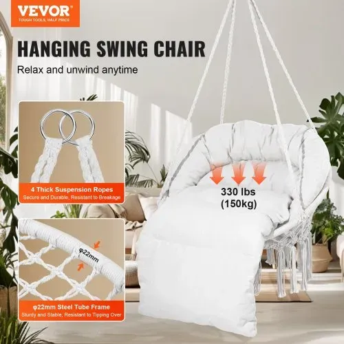 VEVOR Hängesessel, 150 kg Tragkraft, Makramee-Hängesessel mit Kissen und Befestigungsmaterial, Schaukelstuhl aus Baumwollseil für Schlafzimmer, Balkon, Terrasse, Garten, Beige VEVOR Hängesessel, 150 kg Tragkraft, Makramee-Hängesessel mit Kissen und Befestigungsmaterial, Schaukelstuhl aus Baumwollseil für Schlafzimmer, Balkon, Terrasse, Garten, Beige