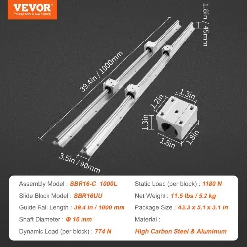 VEVOR Linearführung Linearschiene 2 Stk. SBR16-1000mm Kohlenstoffstahl Aluminium Führungsschiene mit 4 Stk. SBR16UU-Gleitblöcke Linearlager Lagerblock CNC Teile für 3D Drucker Fräs-/Drehmaschine – Bild 6