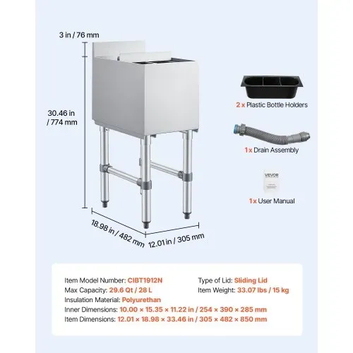 VEVOR Gewerblicher Eisbehälter 28 L, 305 x 482 x 850 mm, Eisbox mit Gestell, Schiebedeckel und 2 Abnehmbaren Flaschenhaltern, Freistehend für Eiswürfel und Getränke, Geeignet für Bars Restaurants Pubs – Bild 6