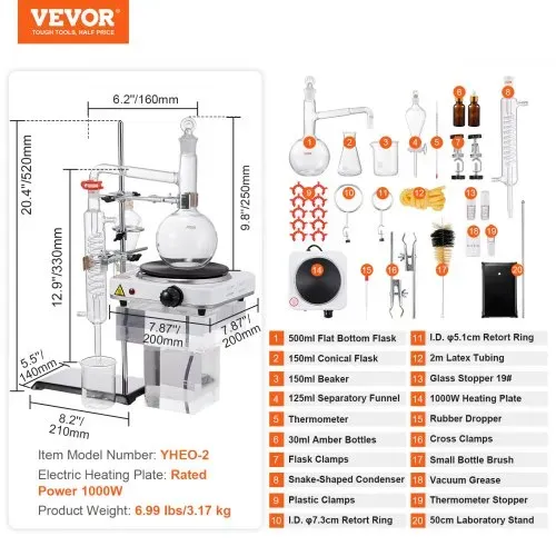 VEVOR Destillationsset für Ätherische Öle, 500 ml Destillationsapparat, 3,3 Boro-Laborglas-Destillationsset mit 1000 W Heizplatte und 24, 40 Gelenken, 33-teiliges Set – Bild 6