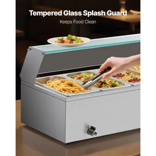 VEVOR kommerzieller Speisenwärmer (6 x 1/3 Größe Behälter), 1,5 kW elektrischer Wärmebehälter aus Edelstahl mit Glasabdeckung & Suppenkelle, Chafing Dishes für Catering Restaurant Party – Bild 3